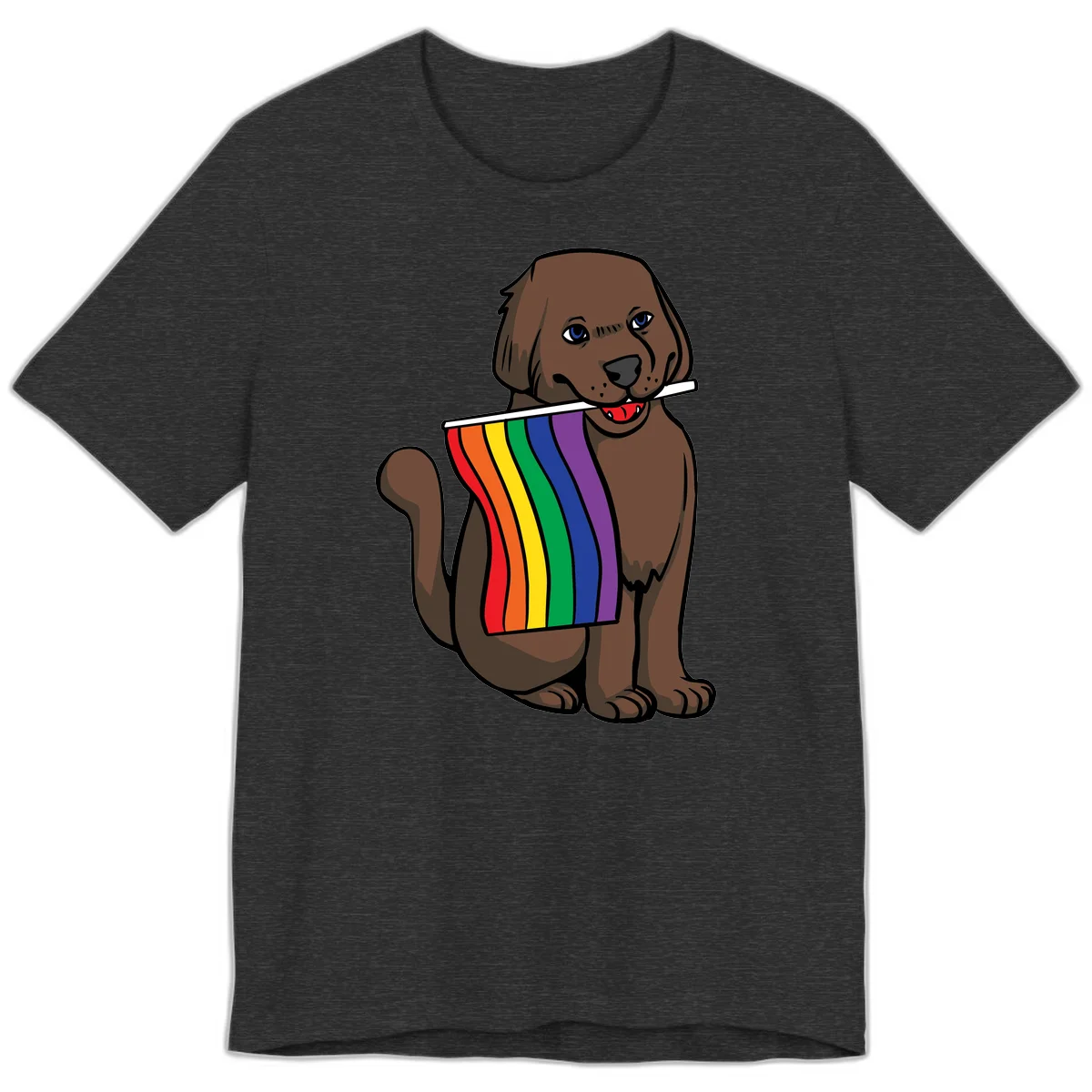 Brown dog holding rainbow pride flag with happy expression and blue eyes in Dark Grey Heather