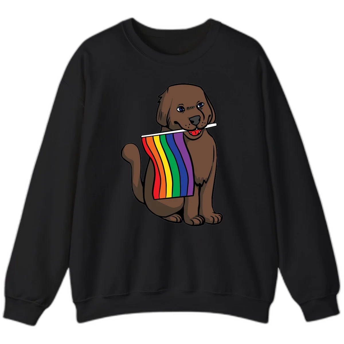 Brown dog holding rainbow pride flag with happy expression and blue eyes in Black