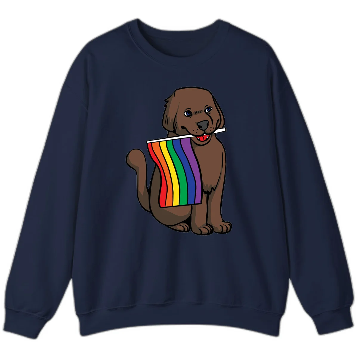 Brown dog holding rainbow pride flag with happy expression and blue eyes in Navy