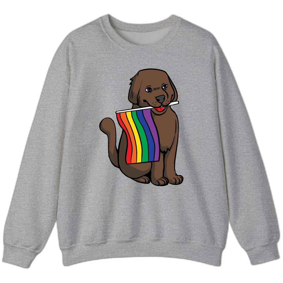 Brown dog holding rainbow pride flag with happy expression and blue eyes in Sport Grey