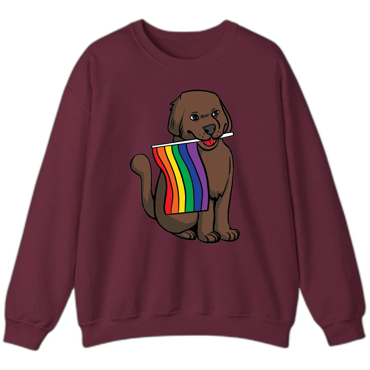 Brown dog holding rainbow pride flag with happy expression and blue eyes in Maroon