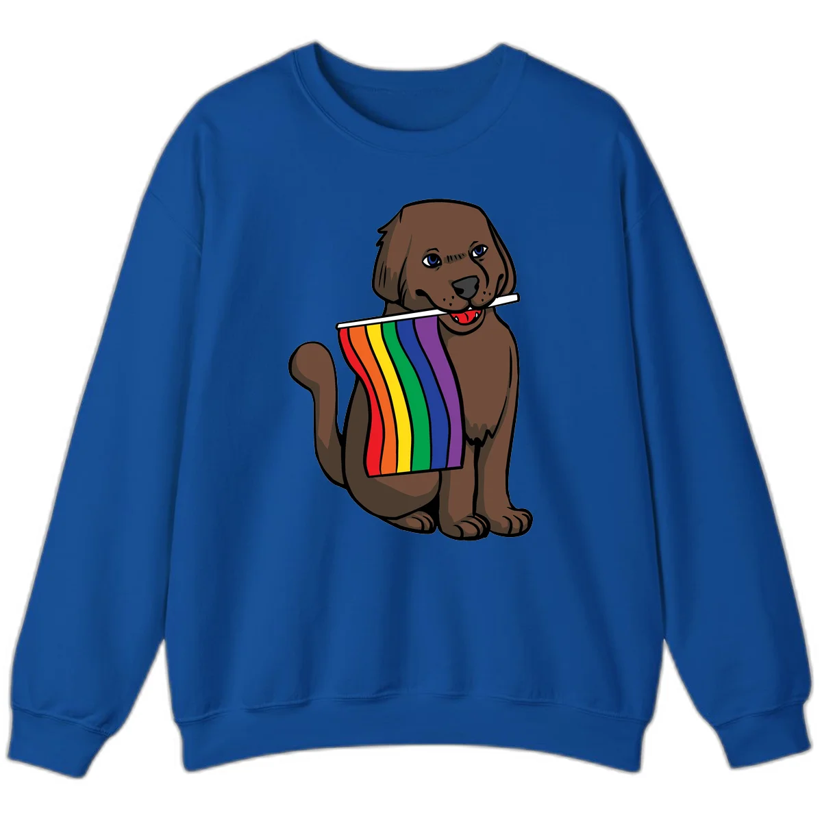 Brown dog holding rainbow pride flag with happy expression and blue eyes in Royal