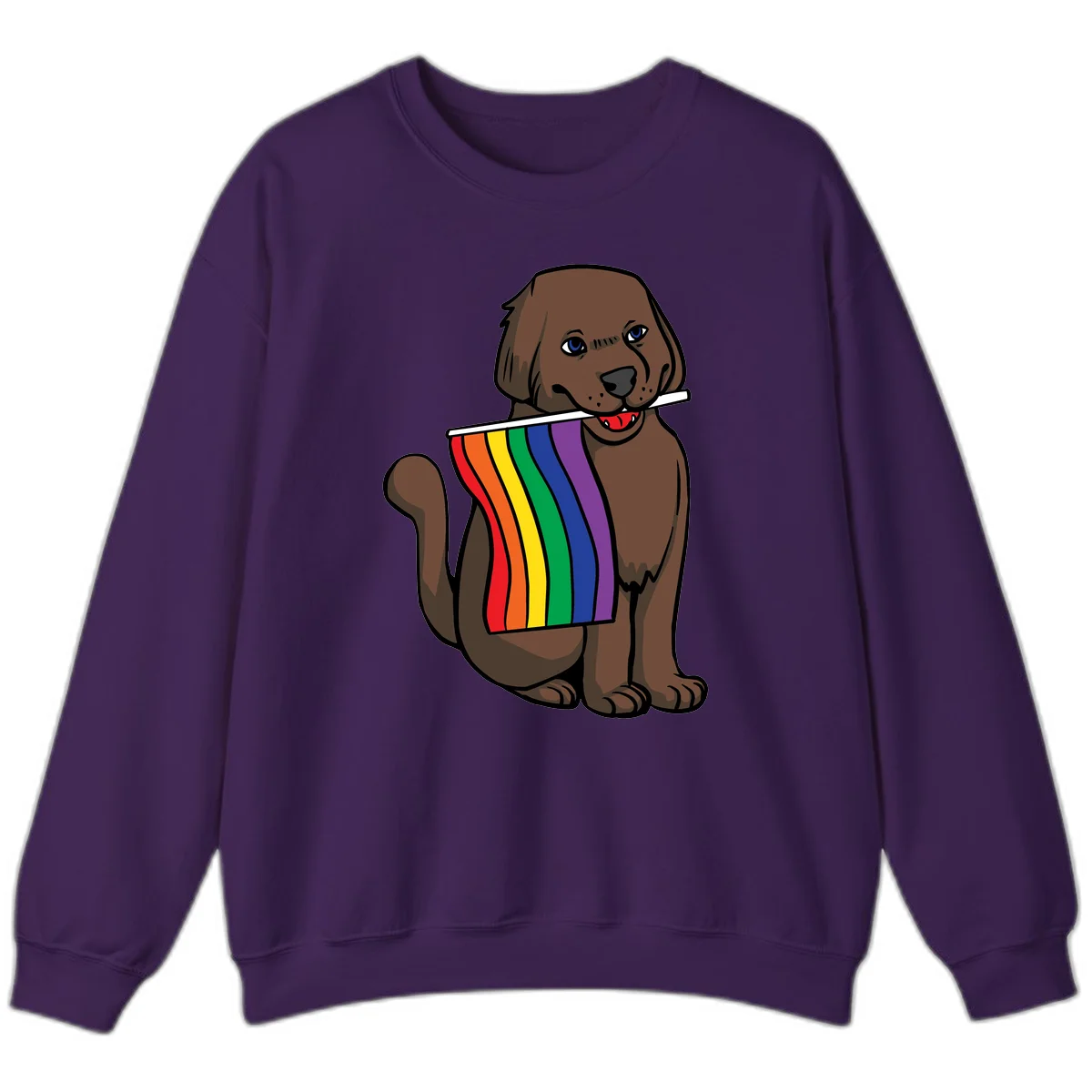 Brown dog holding rainbow pride flag with happy expression and blue eyes in Purple