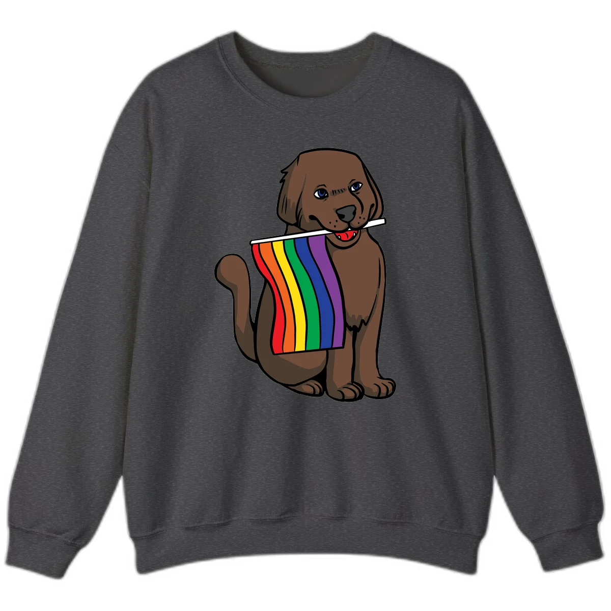 Brown dog holding rainbow pride flag with happy expression and blue eyes in Dark Heather