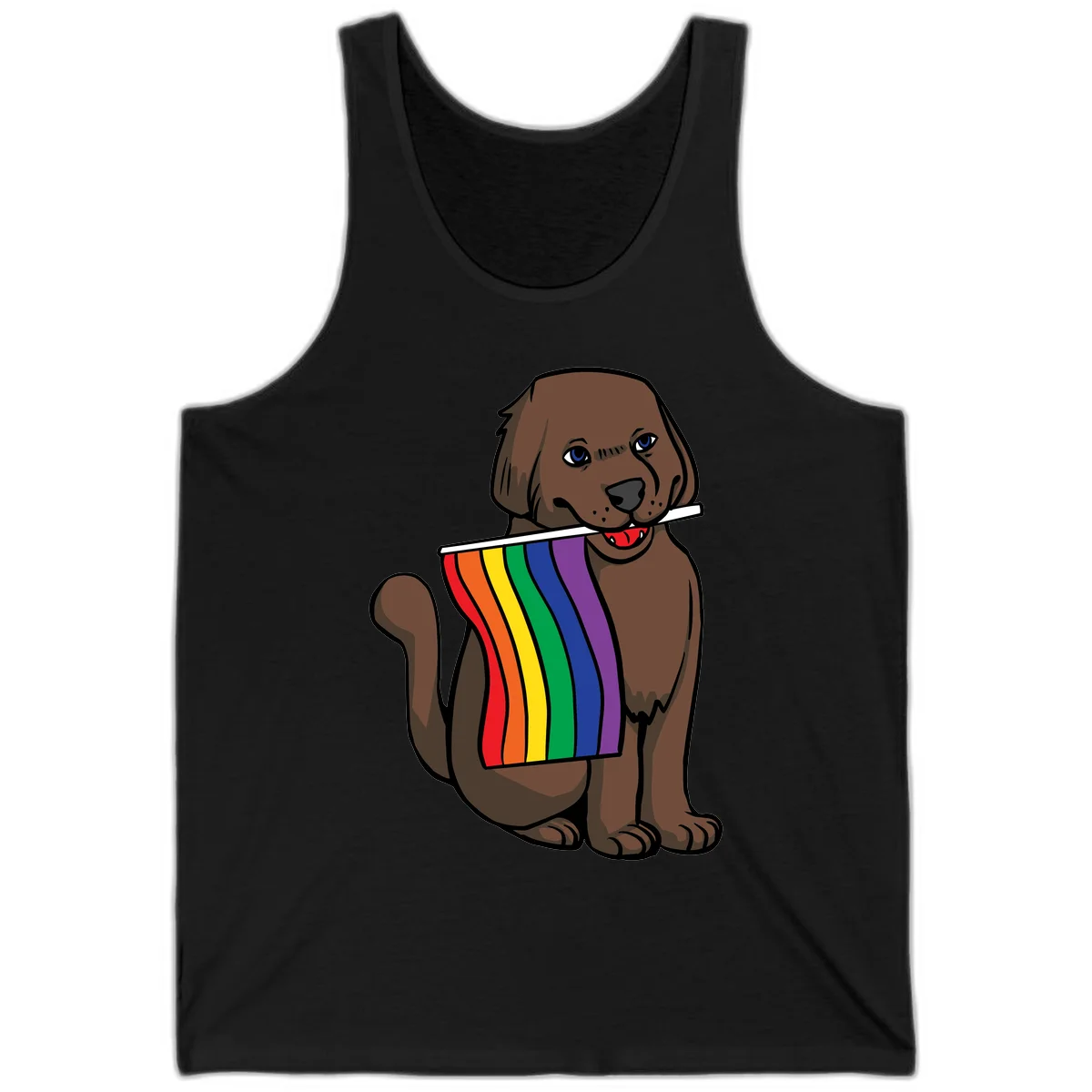 Brown dog holding rainbow pride flag with happy expression and blue eyes in Black