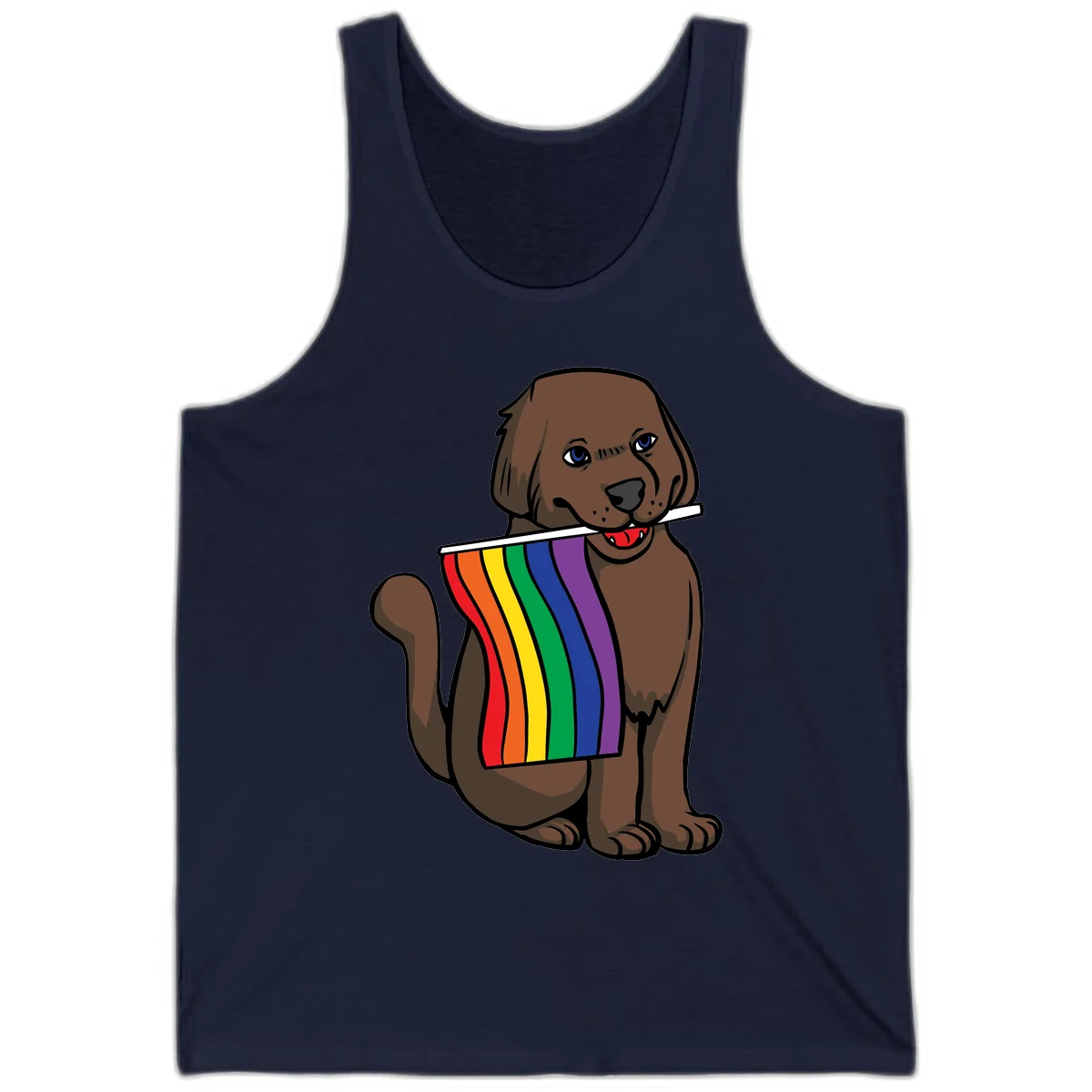 Brown dog holding rainbow pride flag with happy expression and blue eyes in Navy
