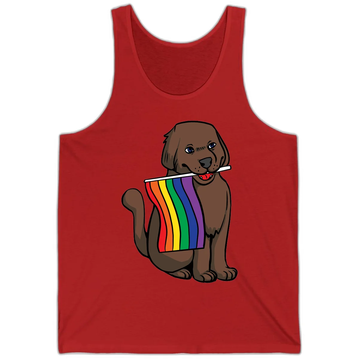Brown dog holding rainbow pride flag with happy expression and blue eyes in Red