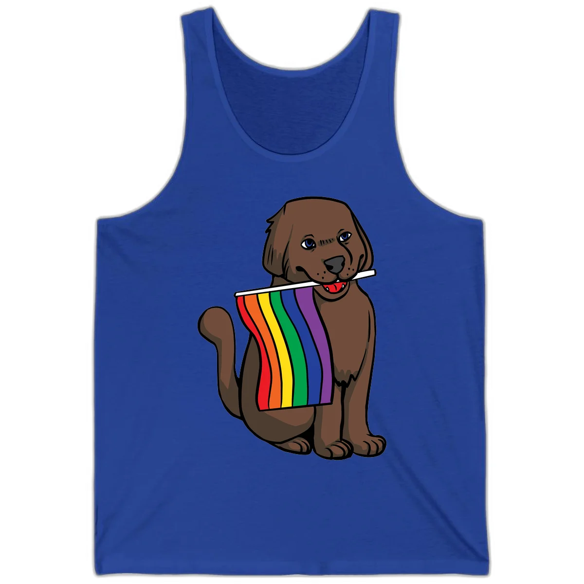 Brown dog holding rainbow pride flag with happy expression and blue eyes in True Royal