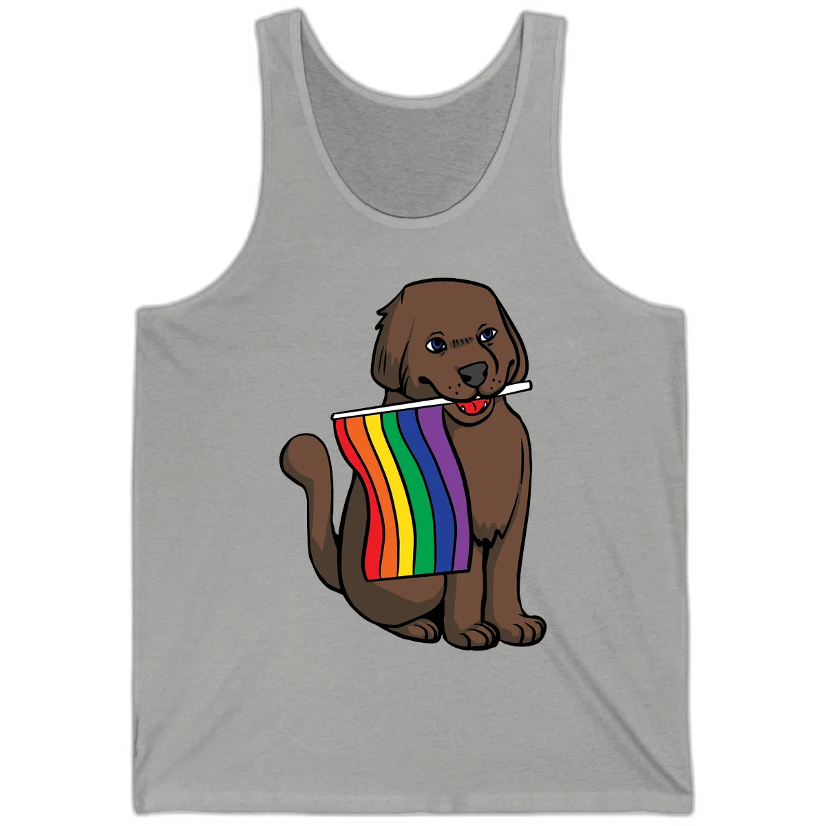 Brown dog holding rainbow pride flag with happy expression and blue eyes in Athletic Heather