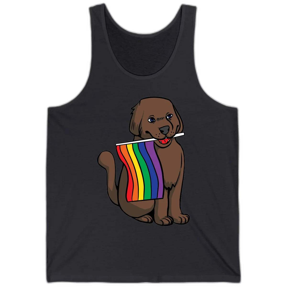 Brown dog holding rainbow pride flag with happy expression and blue eyes in Dark Grey