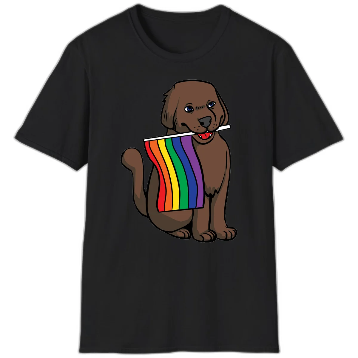 Brown dog holding rainbow pride flag with happy expression and blue eyes in Black