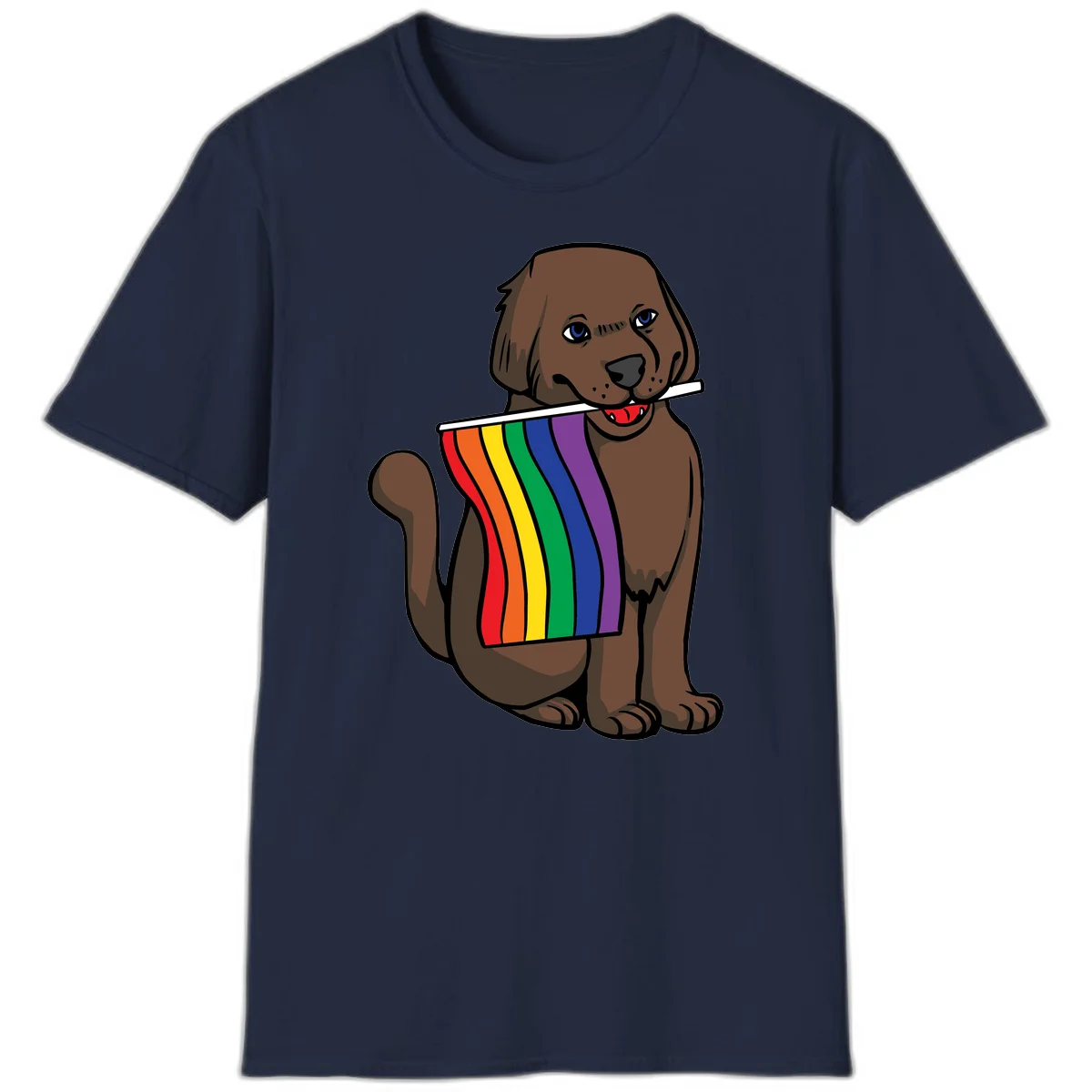 Brown dog holding rainbow pride flag with happy expression and blue eyes in Navy