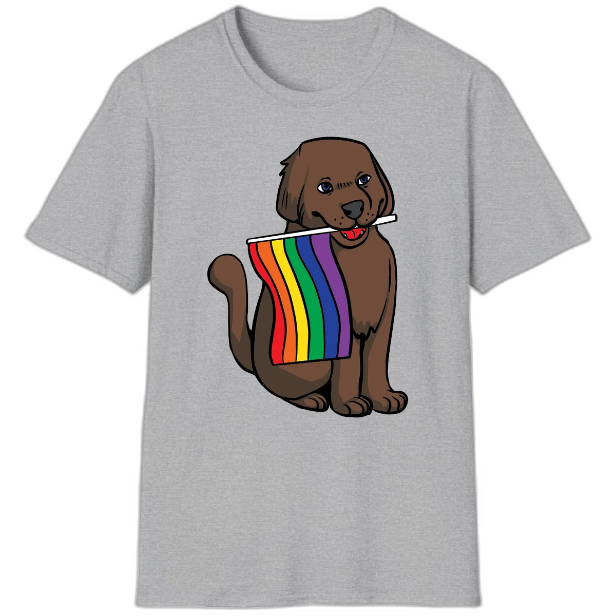 Brown dog holding rainbow pride flag with happy expression and blue eyes in Sport Grey