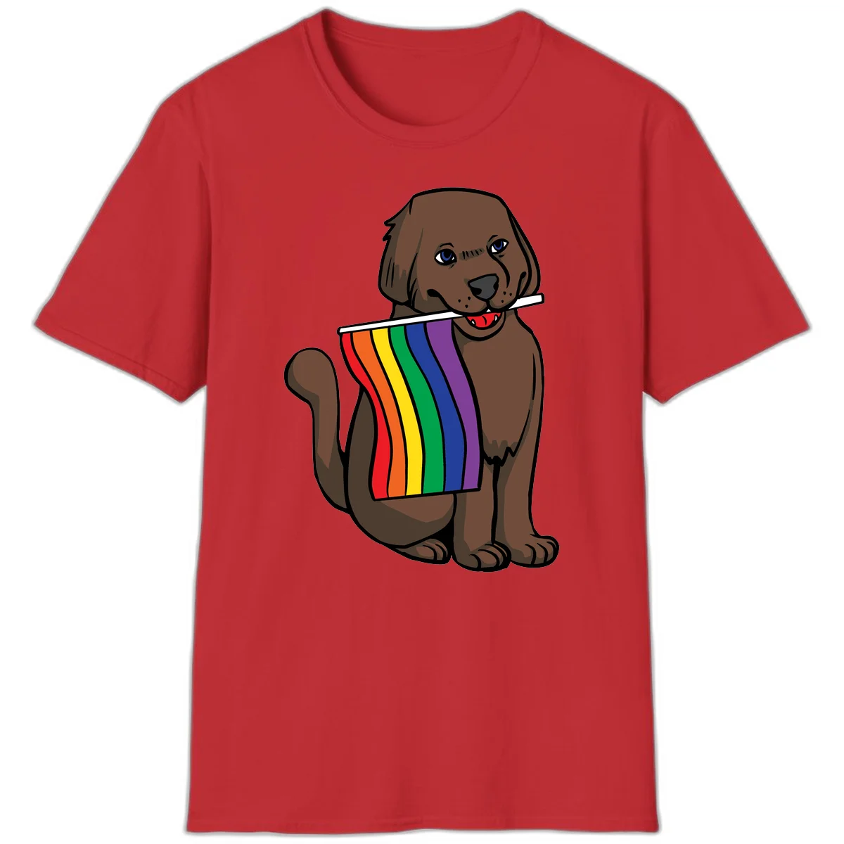 Brown dog holding rainbow pride flag with happy expression and blue eyes in Red