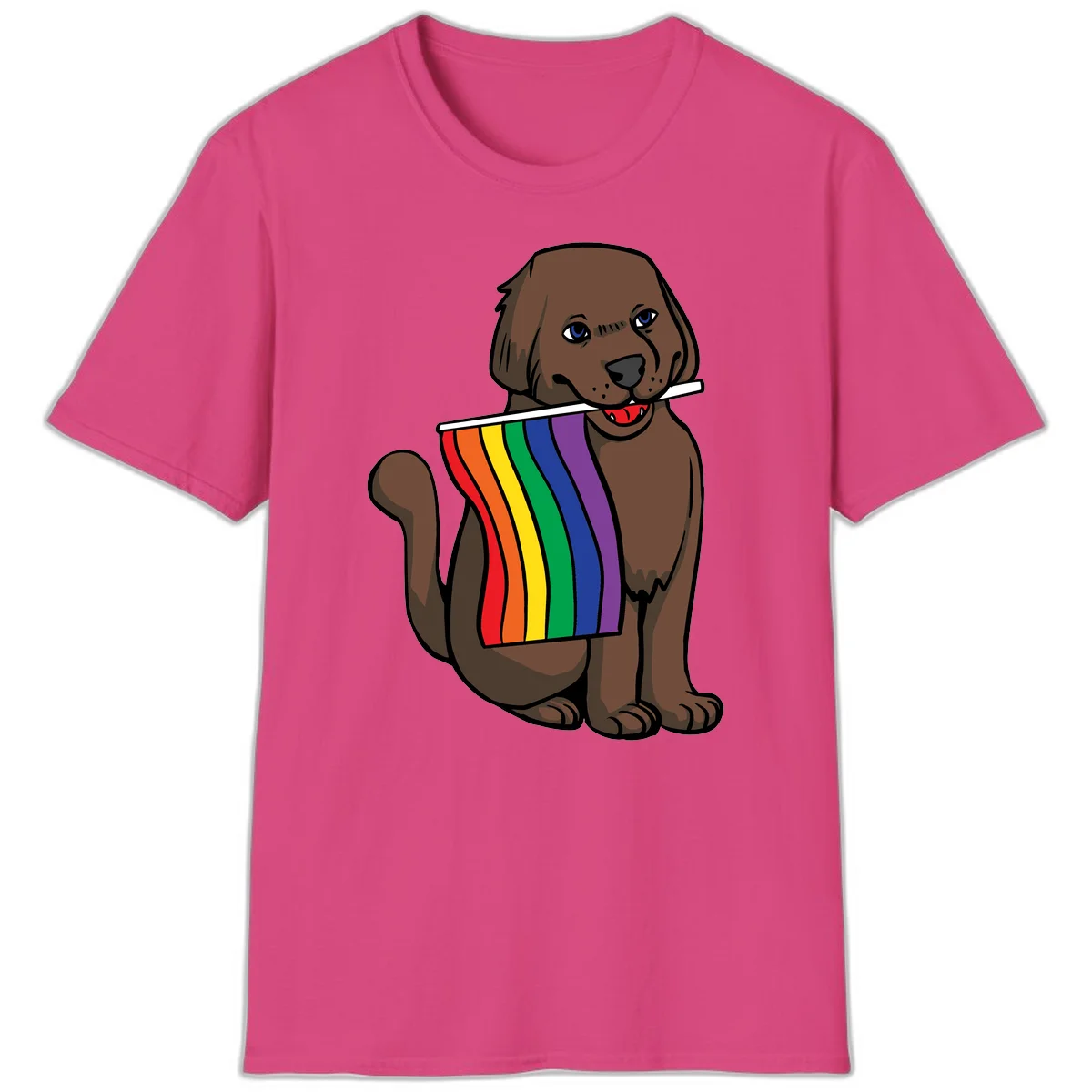 Brown dog holding rainbow pride flag with happy expression and blue eyes in Heliconia