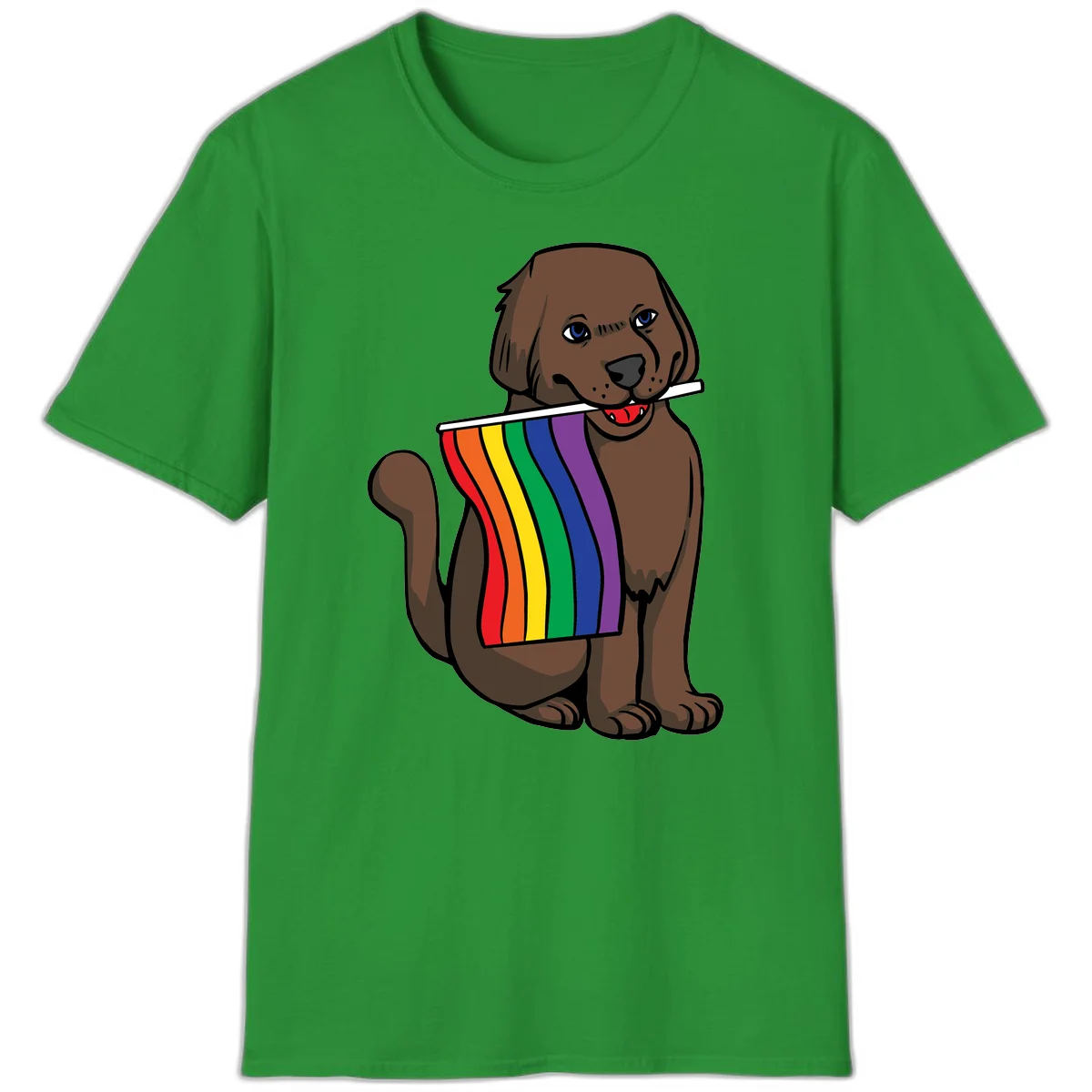 Brown dog holding rainbow pride flag with happy expression and blue eyes in Irish Green