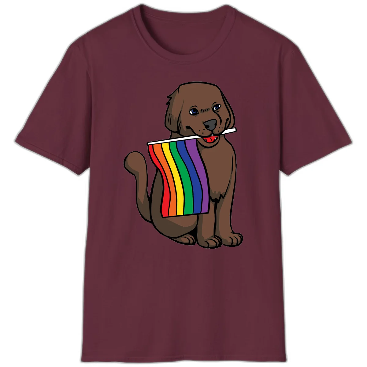 Brown dog holding rainbow pride flag with happy expression and blue eyes in Maroon