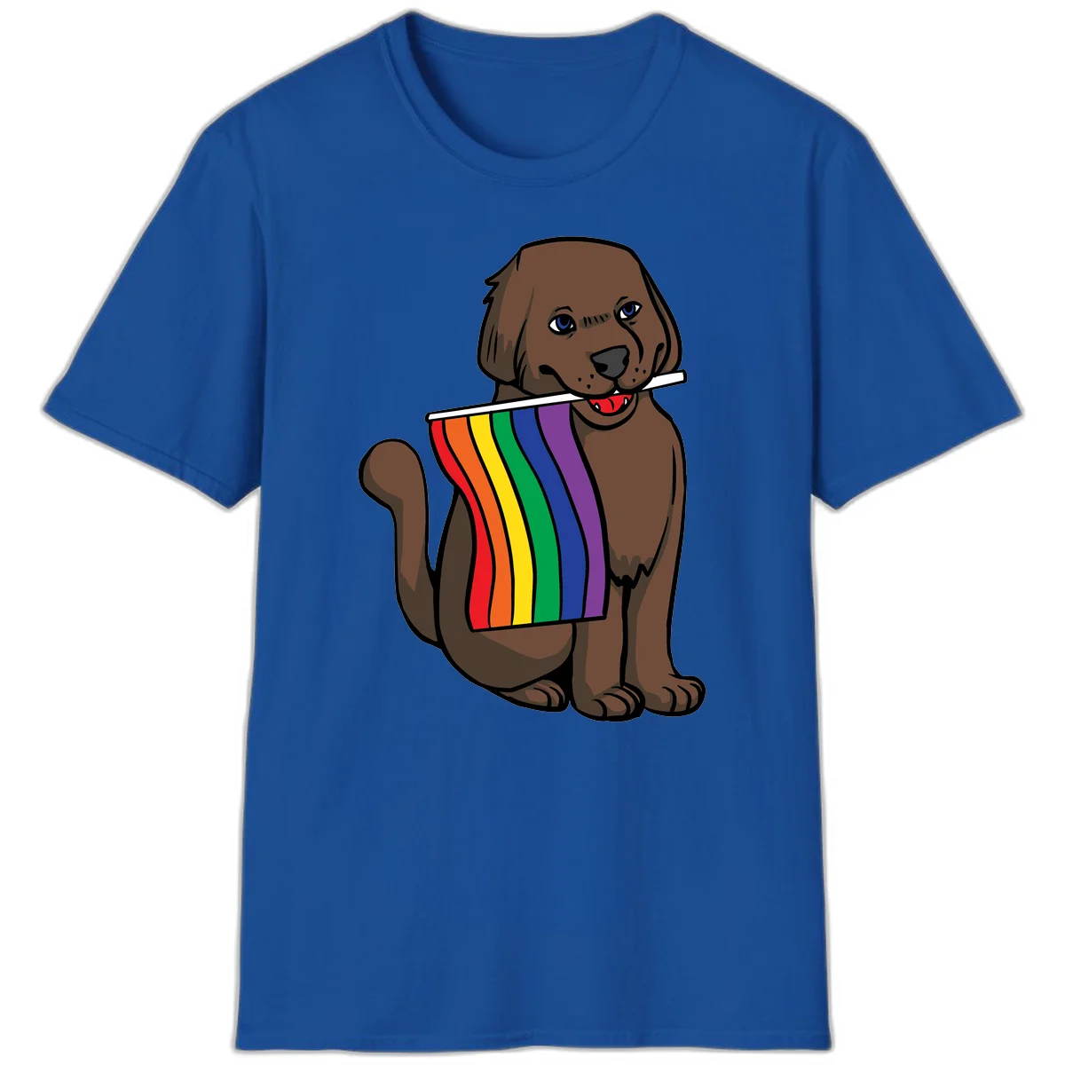 Brown dog holding rainbow pride flag with happy expression and blue eyes in Royal