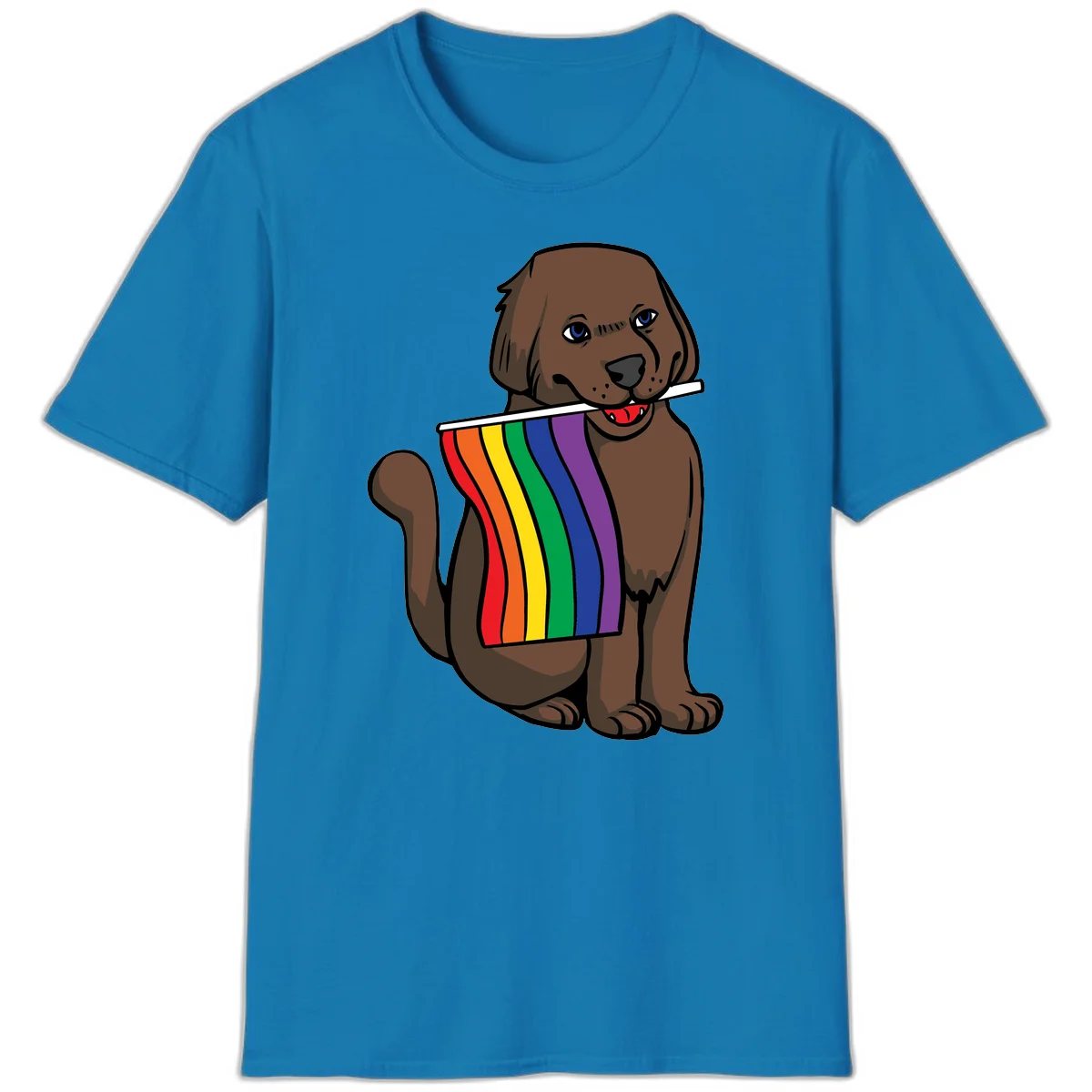 Brown dog holding rainbow pride flag with happy expression and blue eyes in Sapphire