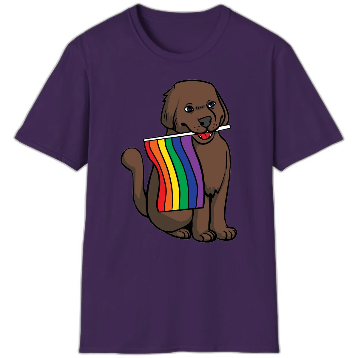 Brown dog holding rainbow pride flag with happy expression and blue eyes in Purple
