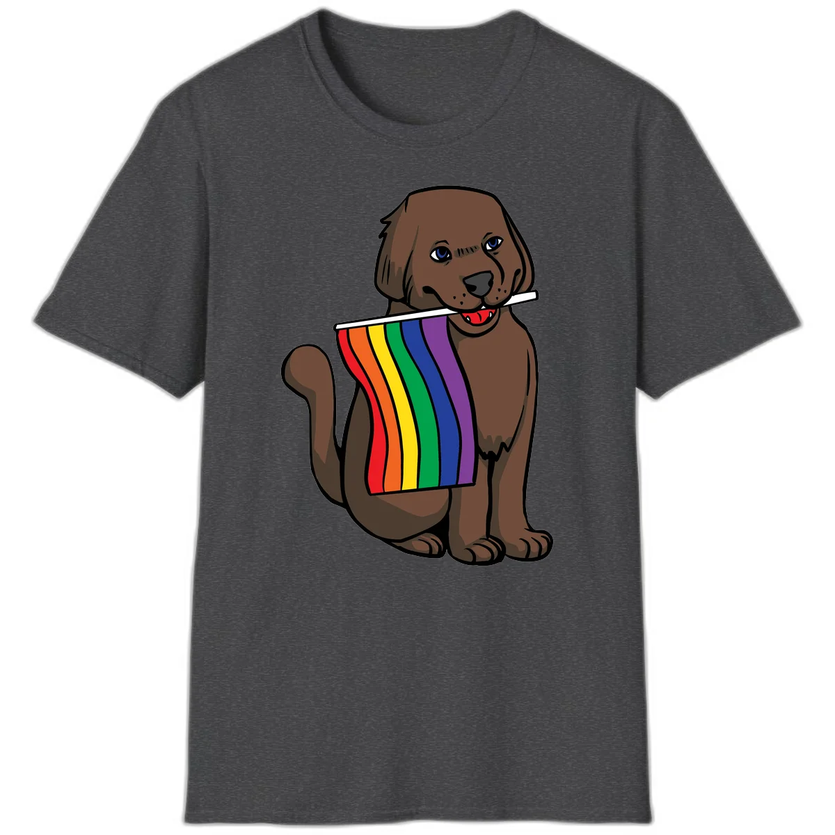 Brown dog holding rainbow pride flag with happy expression and blue eyes in Dark Heather