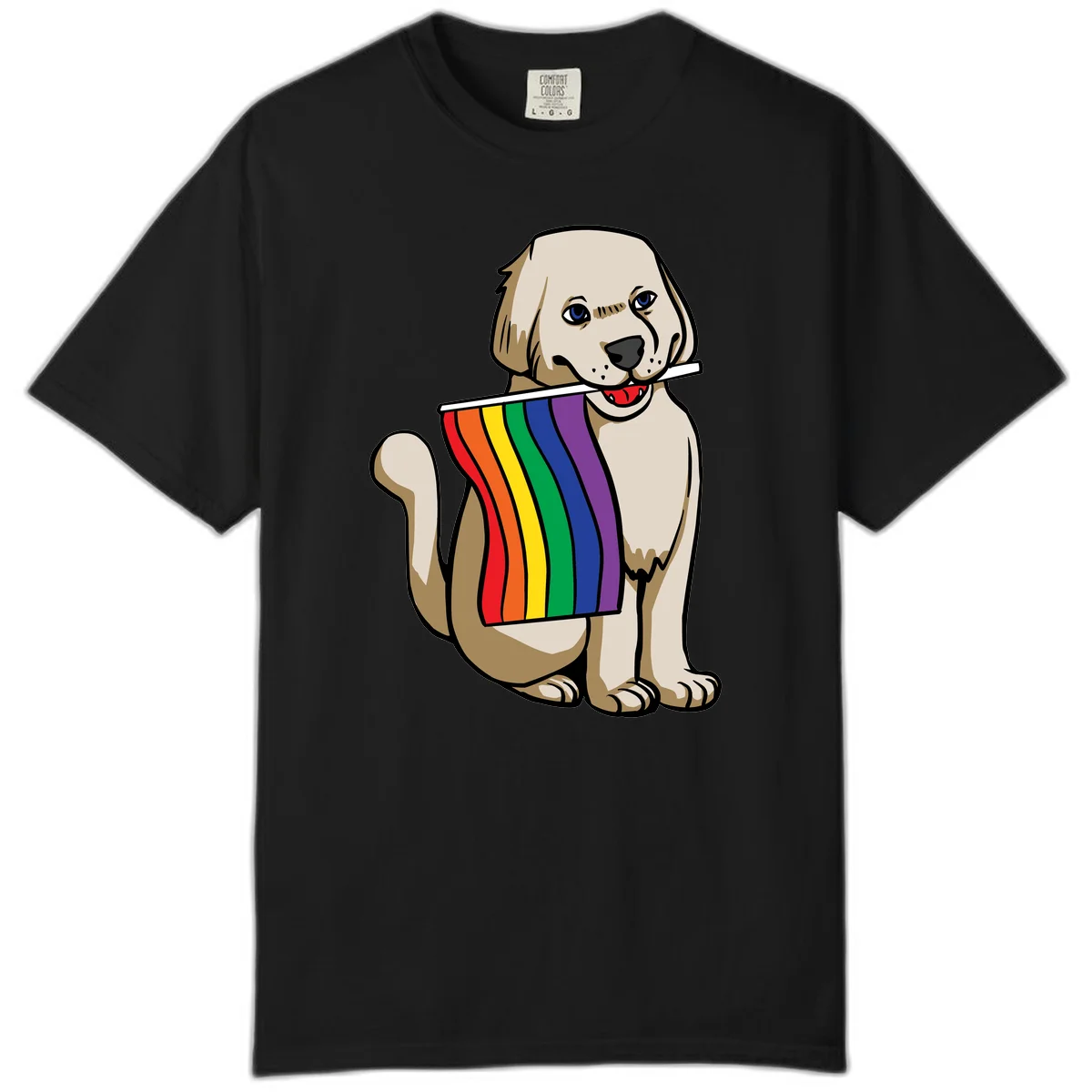 Illustration of a happy cream and tan dog holding a colorful rainbow pride flag in its mouth against a gray background in Black