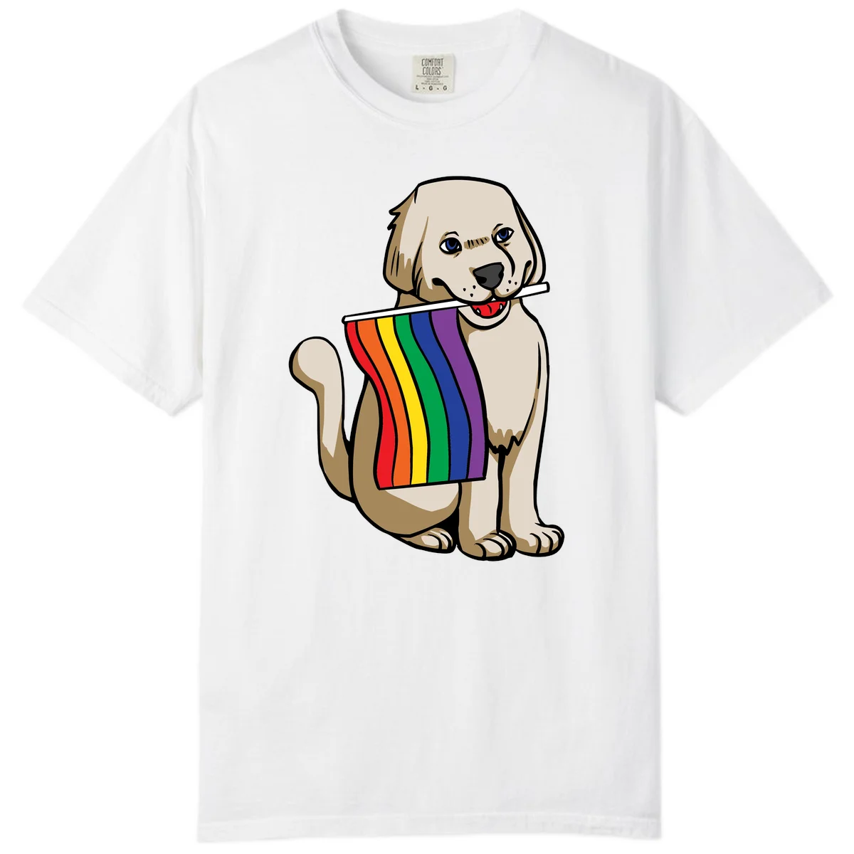 Illustration of a happy cream and tan dog holding a colorful rainbow pride flag in its mouth against a gray background in White