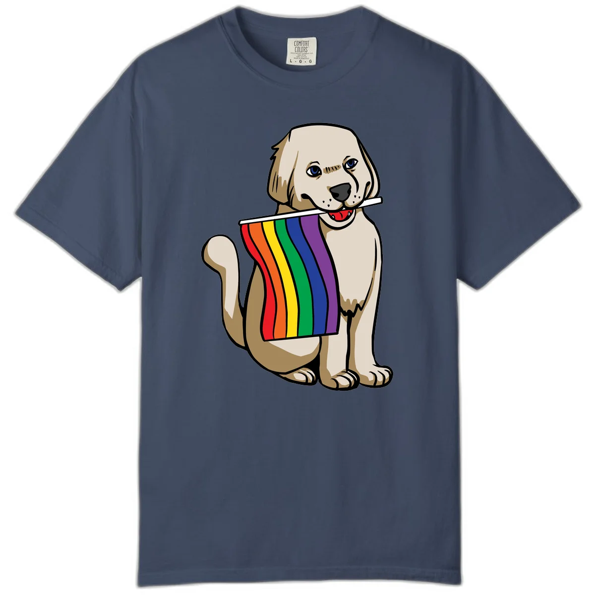 Illustration of a happy cream and tan dog holding a colorful rainbow pride flag in its mouth against a gray background in Midnight