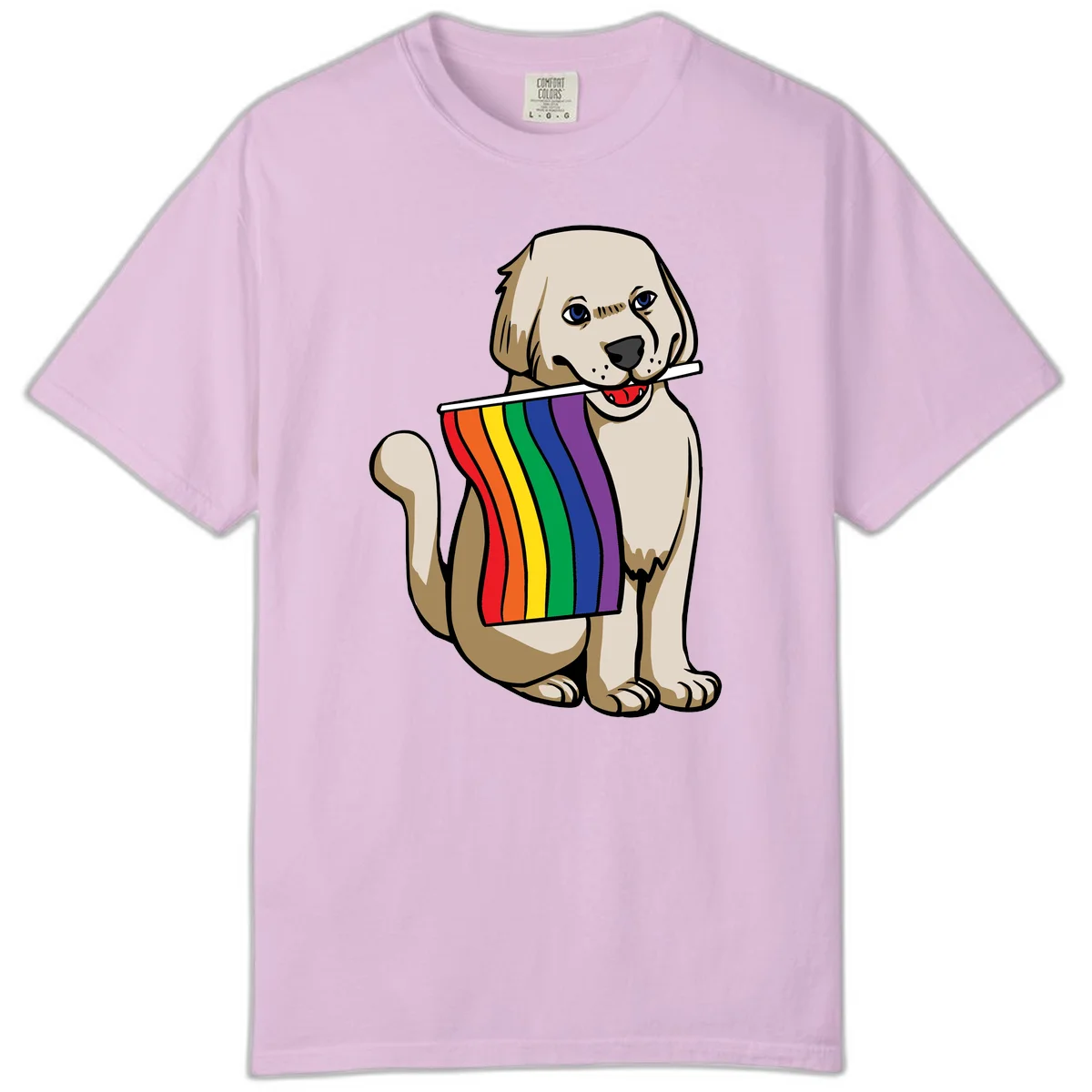 Illustration of a happy cream and tan dog holding a colorful rainbow pride flag in its mouth against a gray background in Orchid