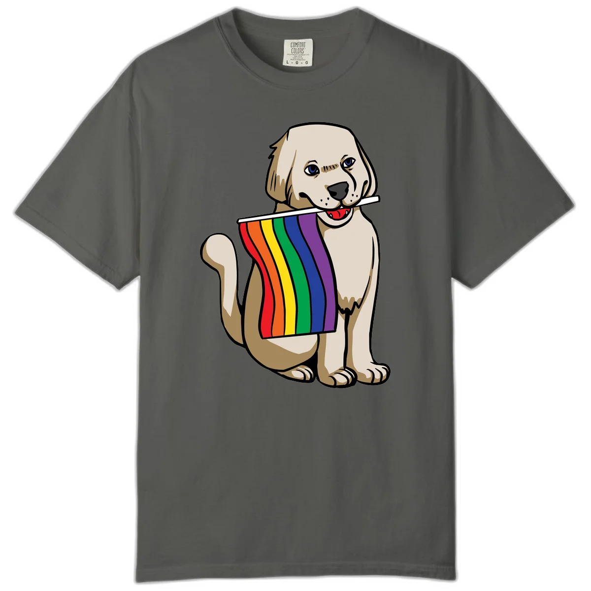 Illustration of a happy cream and tan dog holding a colorful rainbow pride flag in its mouth against a gray background in Pepper