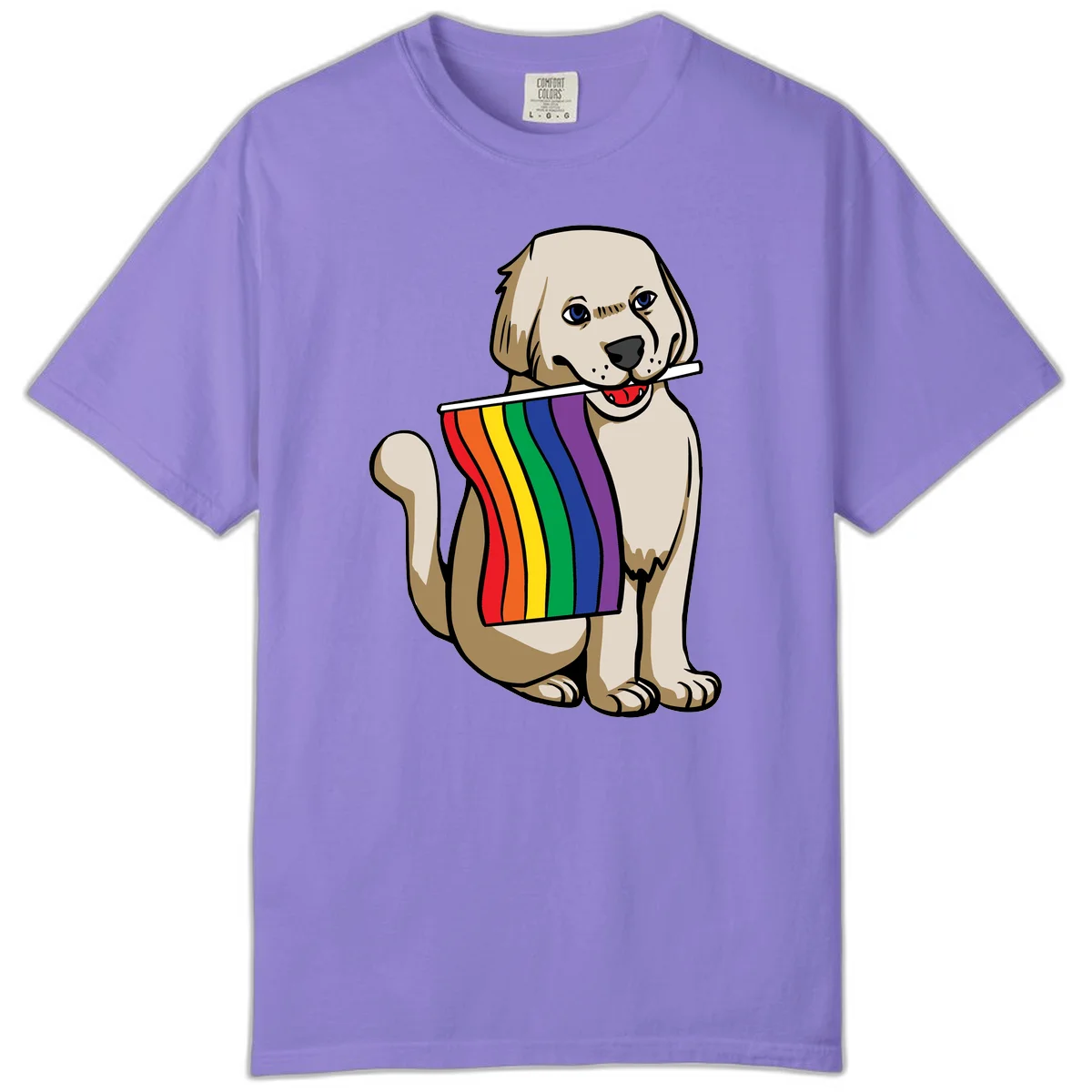 Illustration of a happy cream and tan dog holding a colorful rainbow pride flag in its mouth against a gray background in Violet