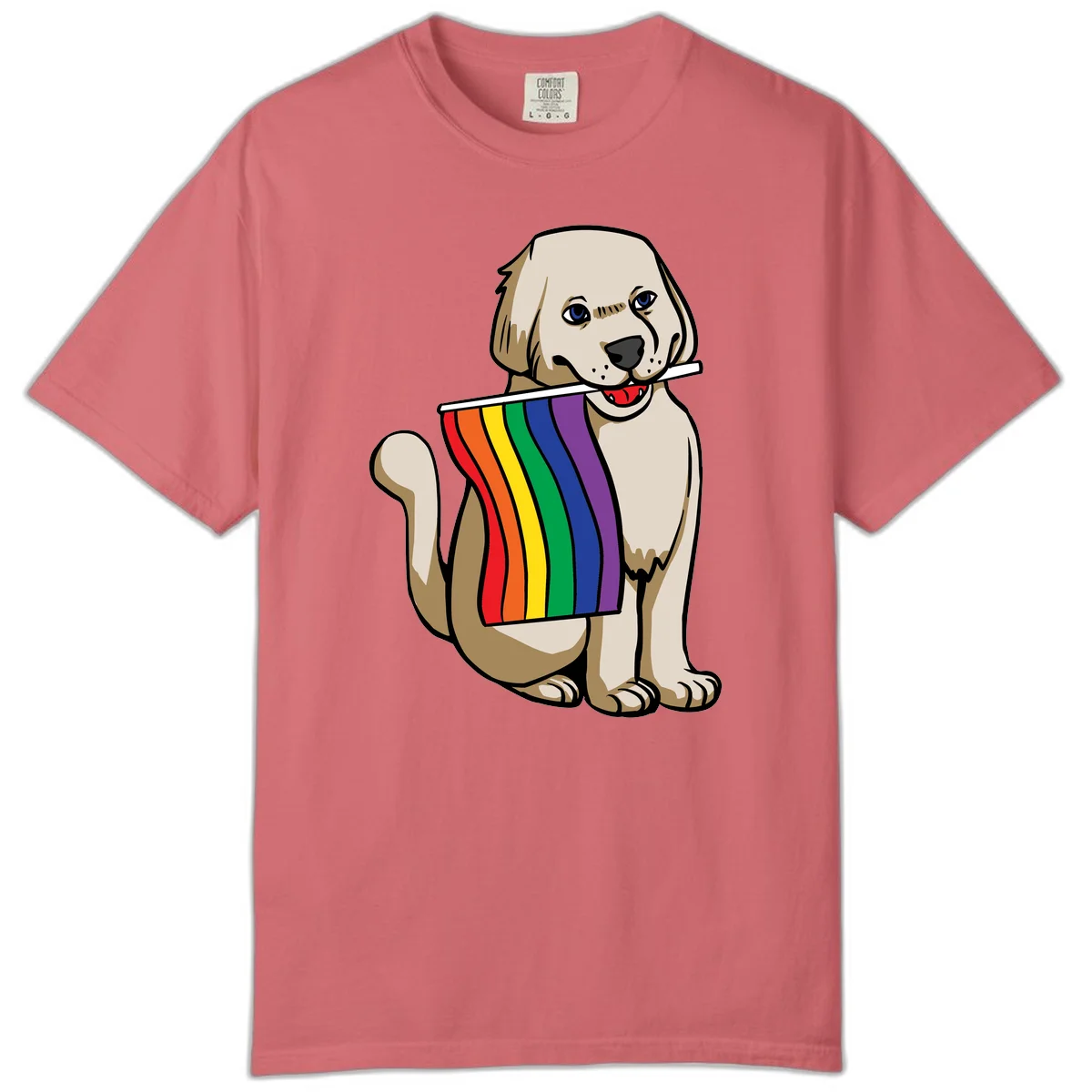 Illustration of a happy cream and tan dog holding a colorful rainbow pride flag in its mouth against a gray background in Watermelon