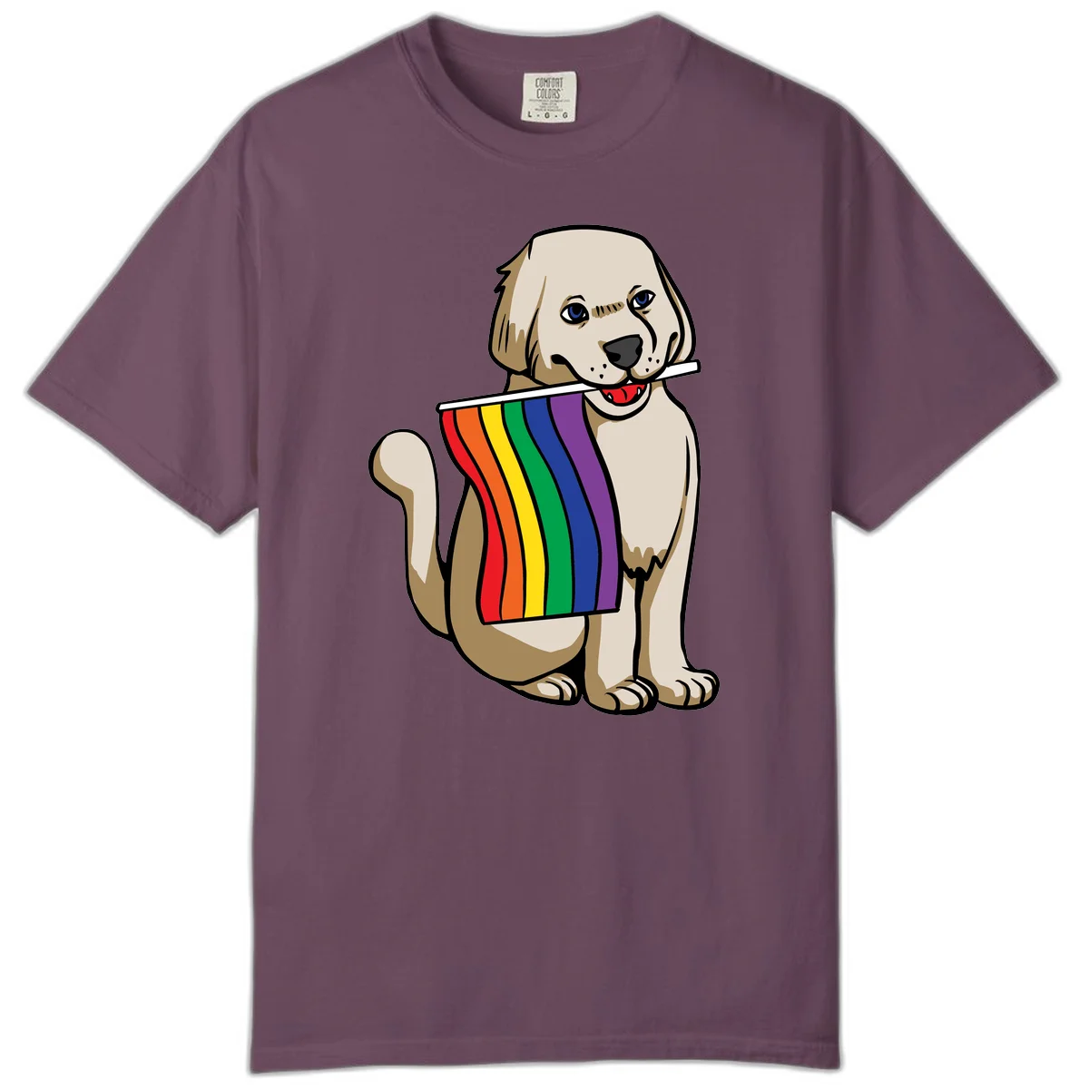 Illustration of a happy cream and tan dog holding a colorful rainbow pride flag in its mouth against a gray background in Berry
