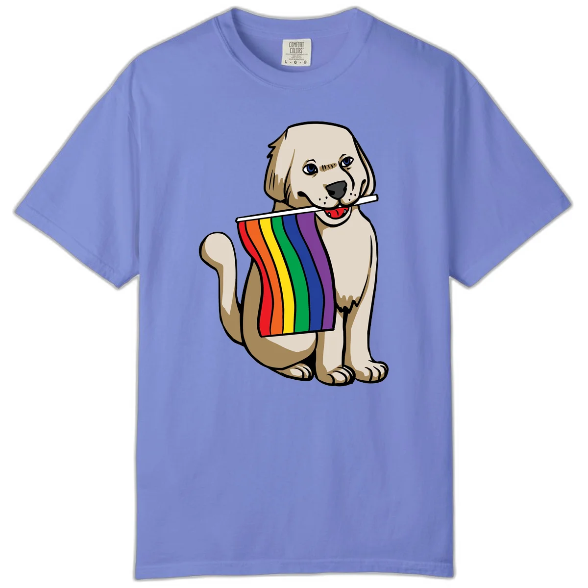 Illustration of a happy cream and tan dog holding a colorful rainbow pride flag in its mouth against a gray background in Flo Blue