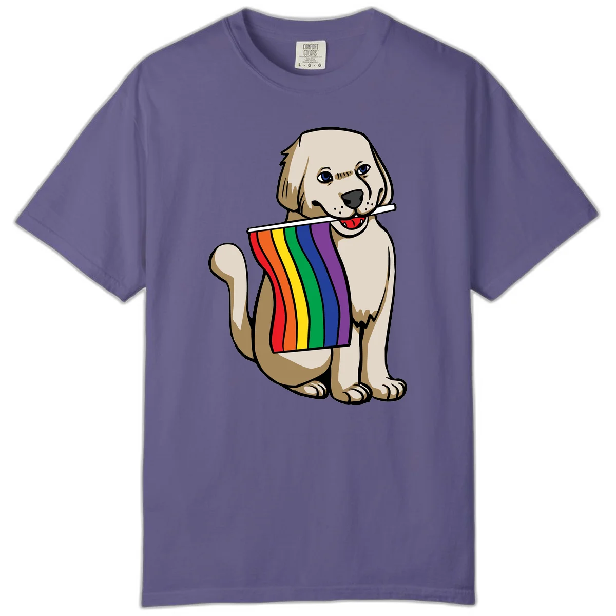 Illustration of a happy cream and tan dog holding a colorful rainbow pride flag in its mouth against a gray background in Grape