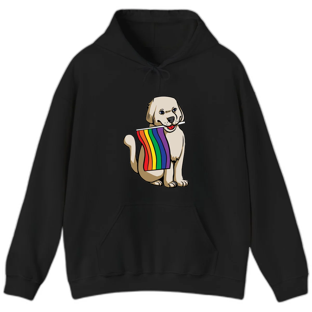 Illustration of a happy cream and tan dog holding a colorful rainbow pride flag in its mouth against a gray background in Black