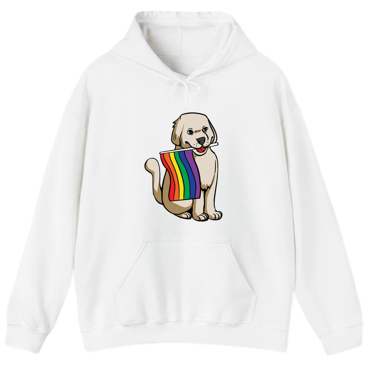 Illustration of a happy cream and tan dog holding a colorful rainbow pride flag in its mouth against a gray background in White