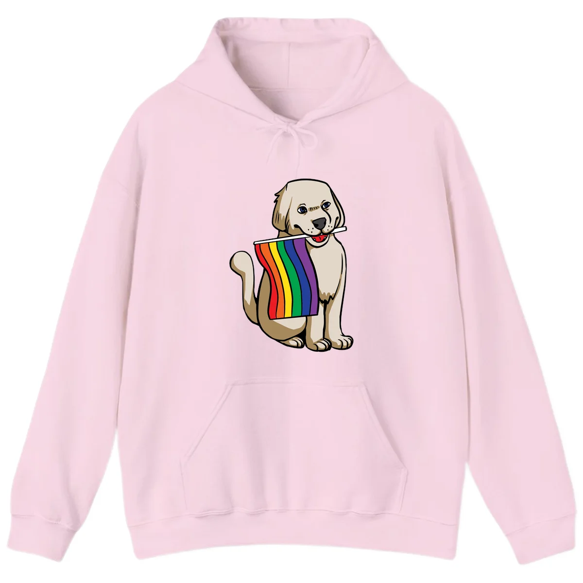 Illustration of a happy cream and tan dog holding a colorful rainbow pride flag in its mouth against a gray background in Light Pink