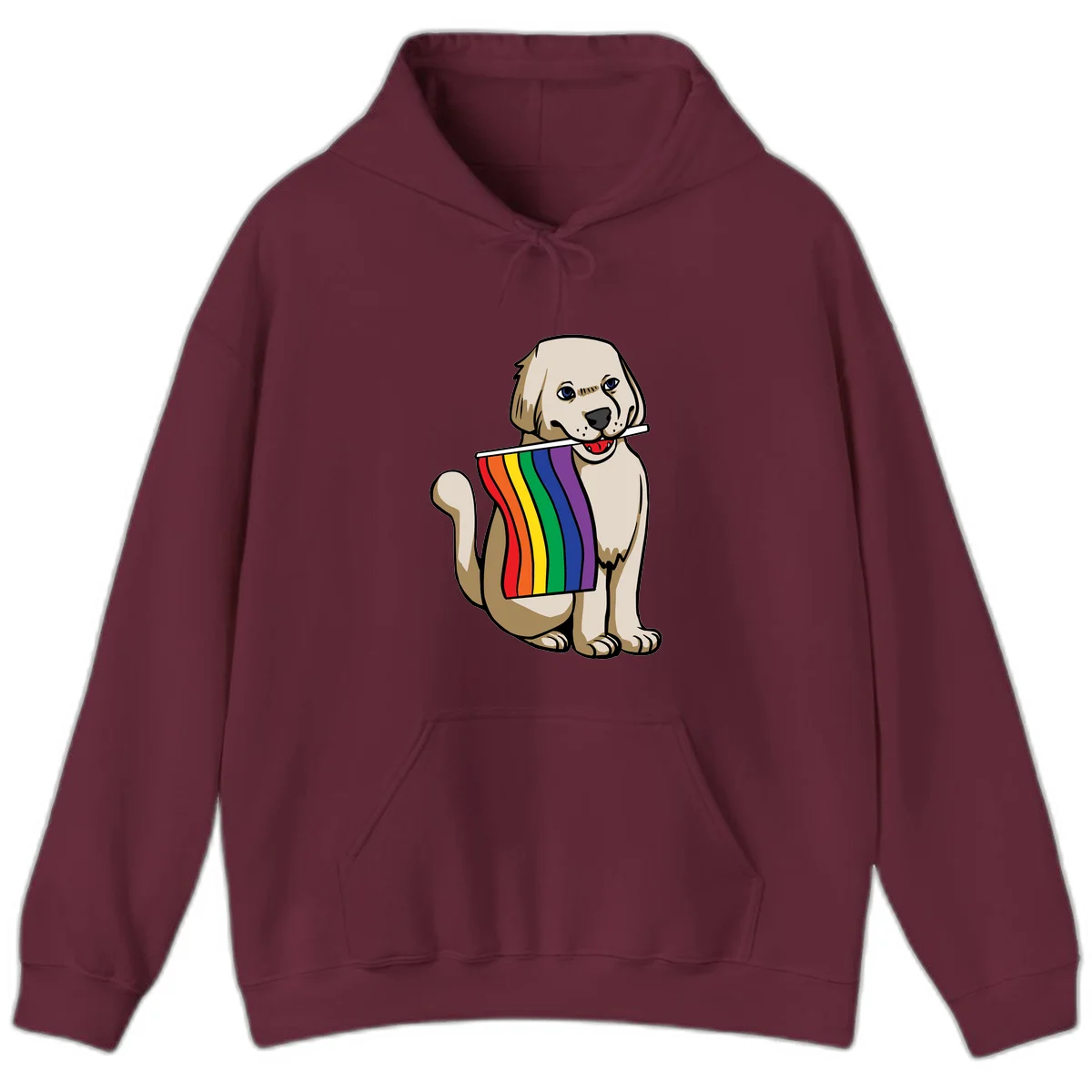 Illustration of a happy cream and tan dog holding a colorful rainbow pride flag in its mouth against a gray background in Maroon