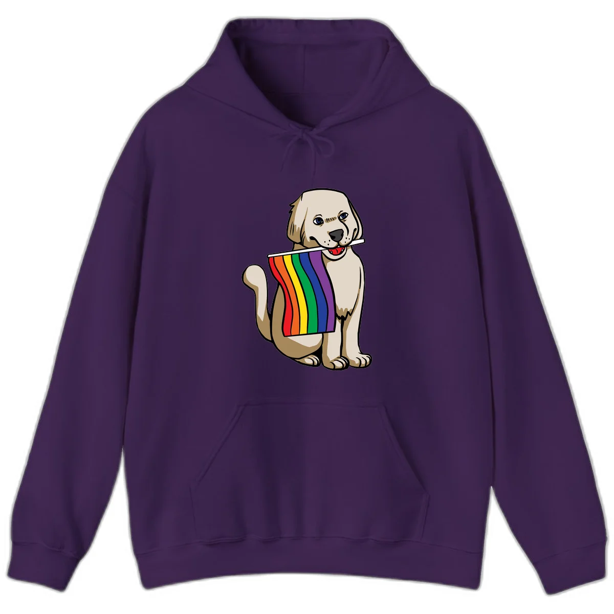 Illustration of a happy cream and tan dog holding a colorful rainbow pride flag in its mouth against a gray background in Purple
