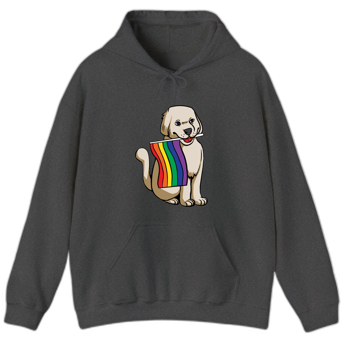 Illustration of a happy cream and tan dog holding a colorful rainbow pride flag in its mouth against a gray background in Dark Heather