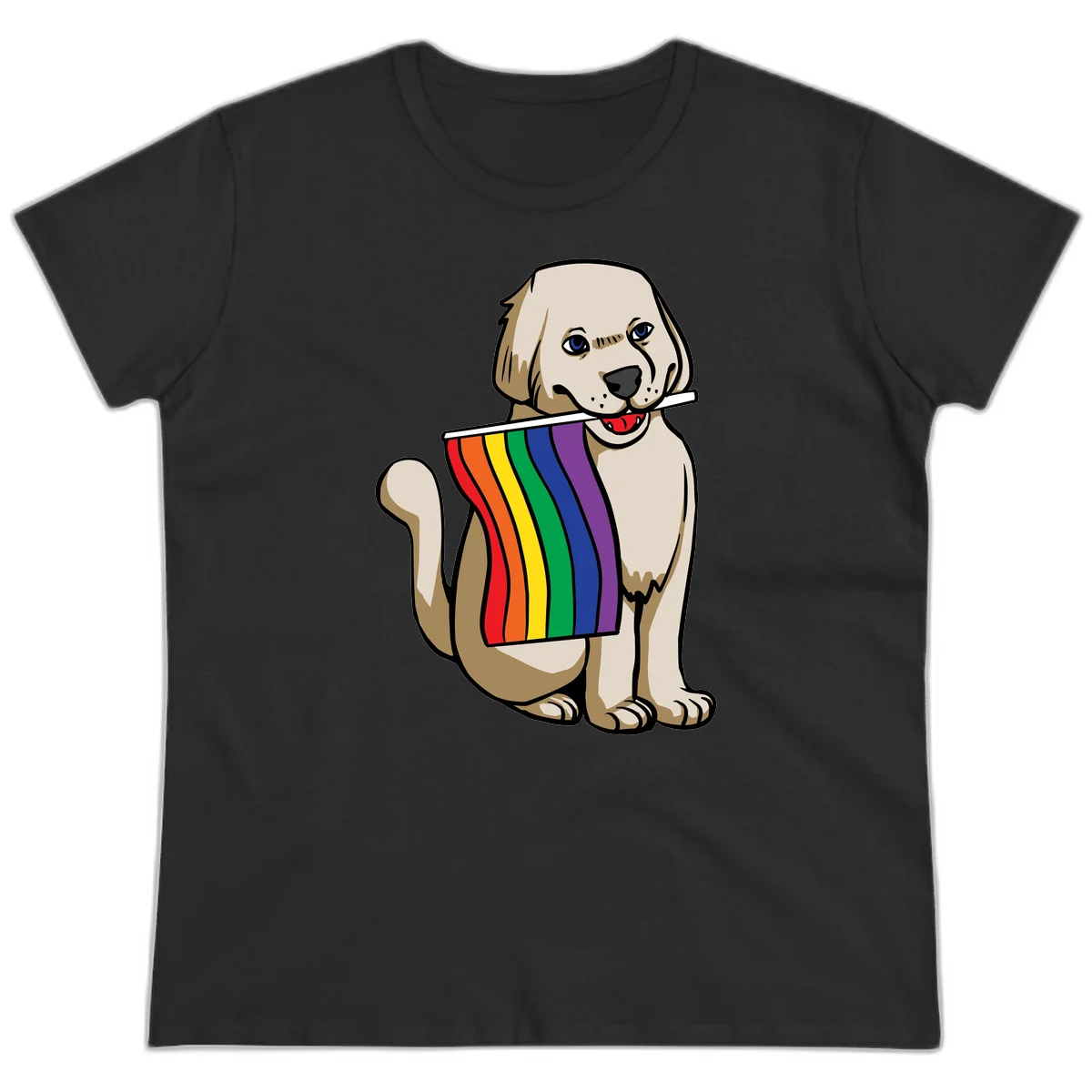 Illustration of a happy cream and tan dog holding a colorful rainbow pride flag in its mouth against a gray background in Black