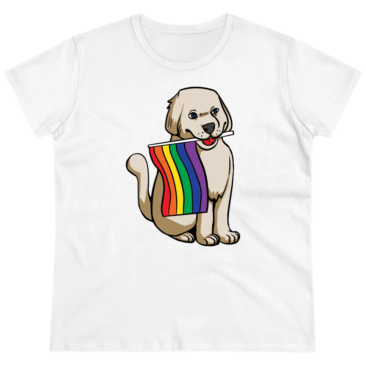 Illustration of a happy cream and tan dog holding a colorful rainbow pride flag in its mouth against a gray background in White