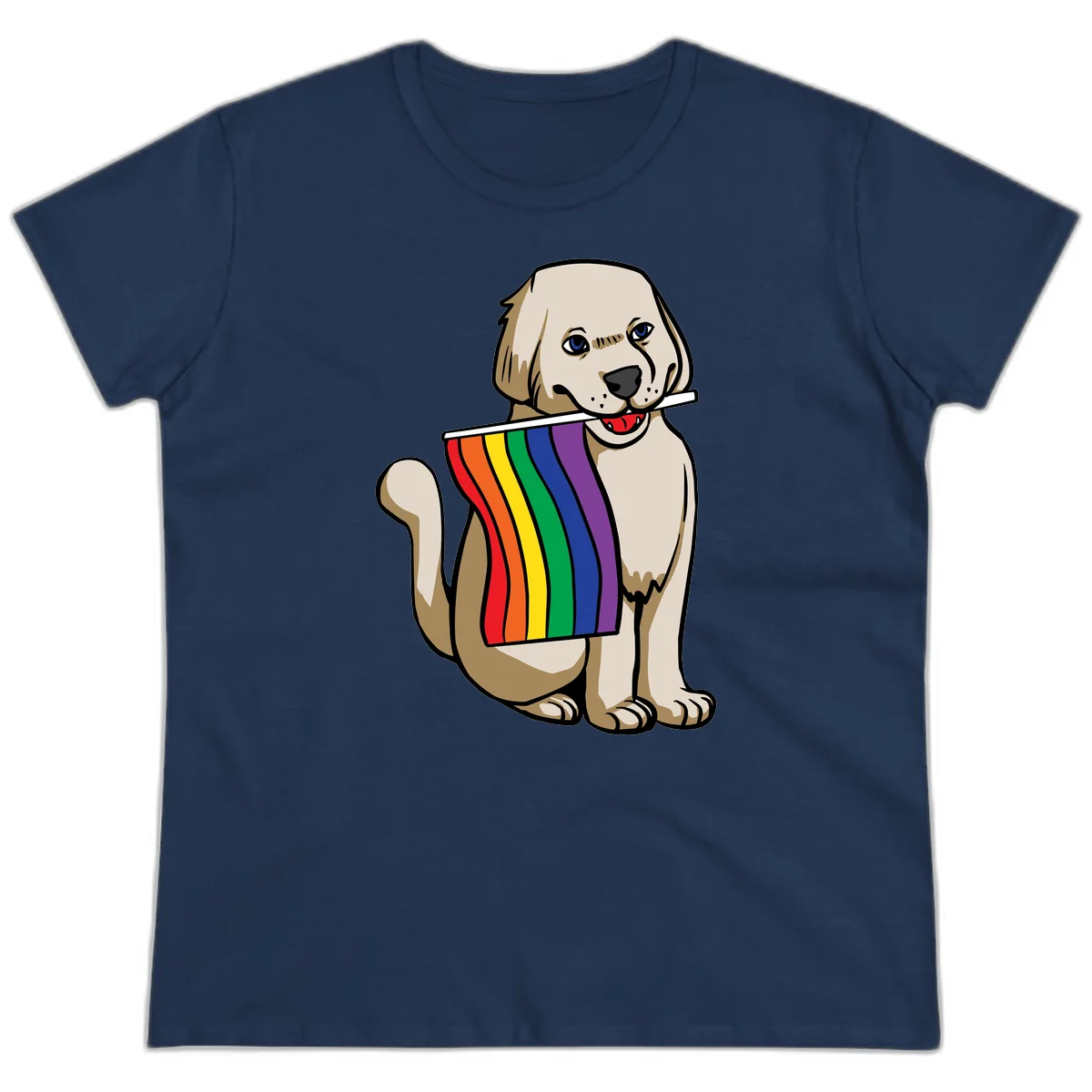 Illustration of a happy cream and tan dog holding a colorful rainbow pride flag in its mouth against a gray background in Navy