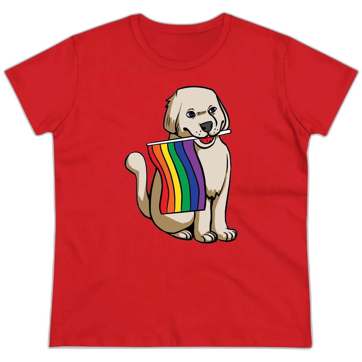 Illustration of a happy cream and tan dog holding a colorful rainbow pride flag in its mouth against a gray background in Red