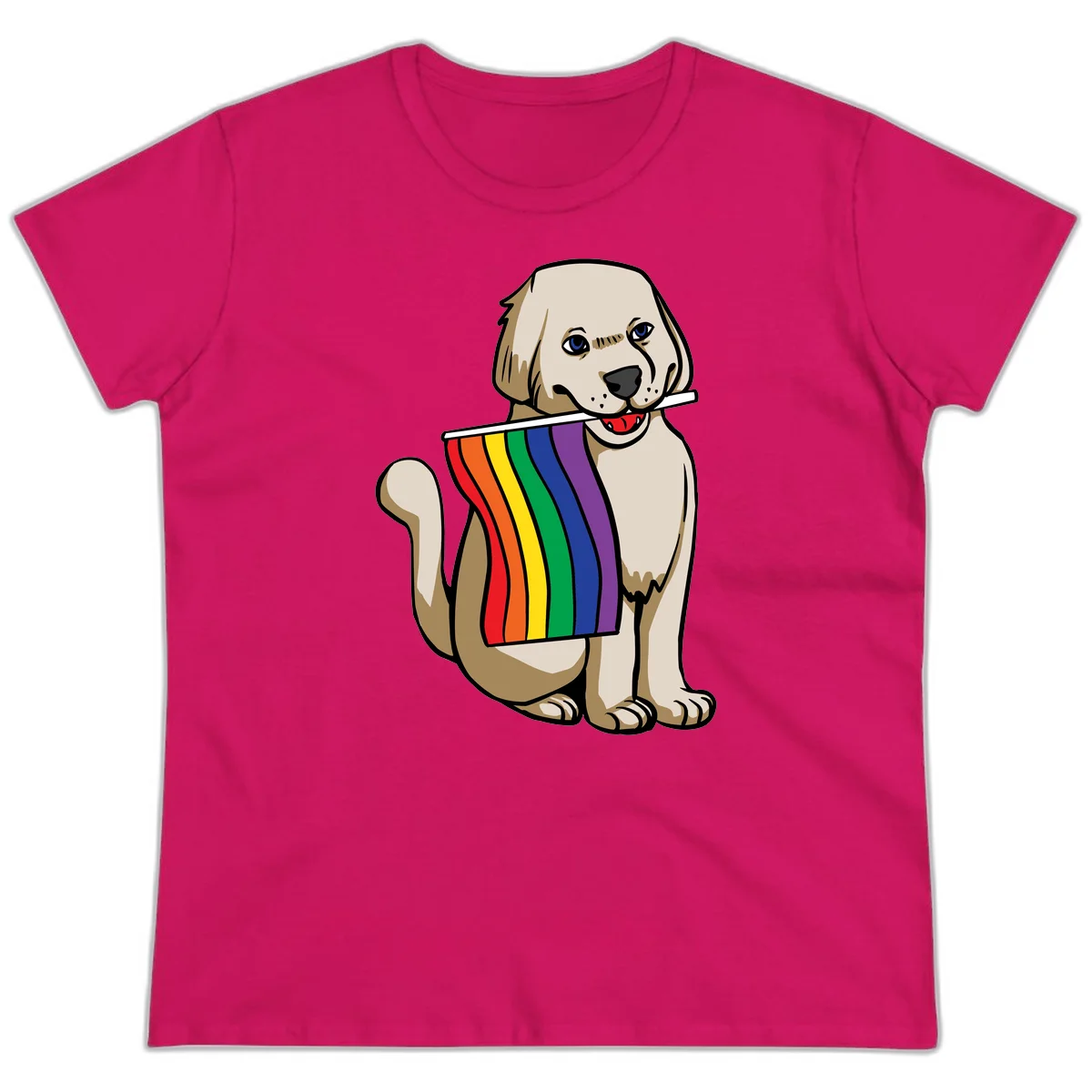 Illustration of a happy cream and tan dog holding a colorful rainbow pride flag in its mouth against a gray background in Heliconia