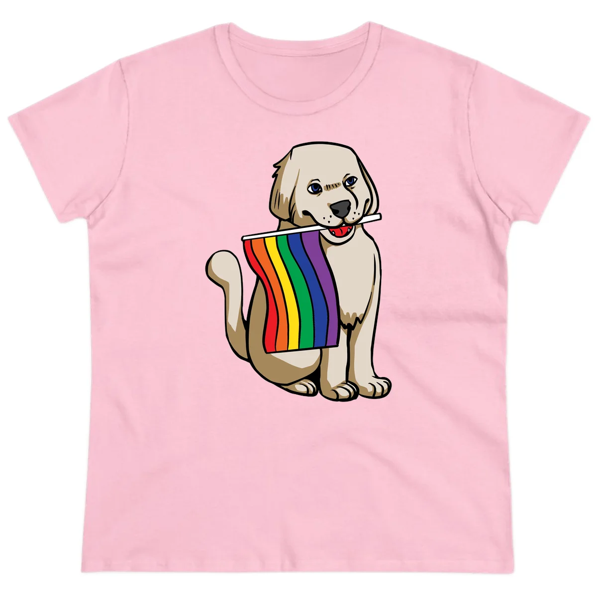 Illustration of a happy cream and tan dog holding a colorful rainbow pride flag in its mouth against a gray background in Light Pink