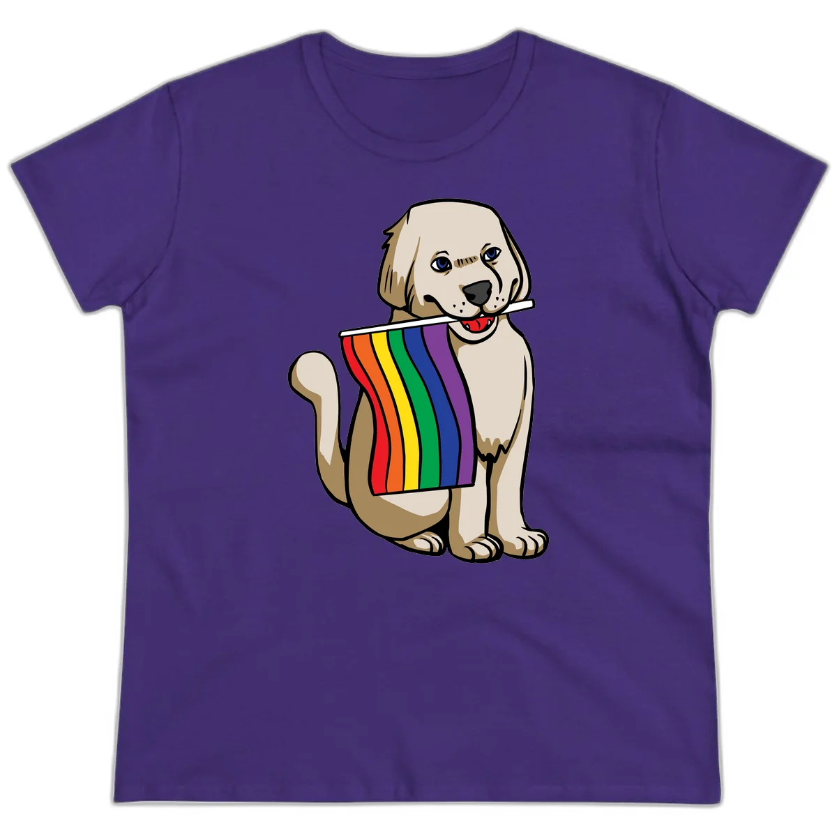 Illustration of a happy cream and tan dog holding a colorful rainbow pride flag in its mouth against a gray background in Purple