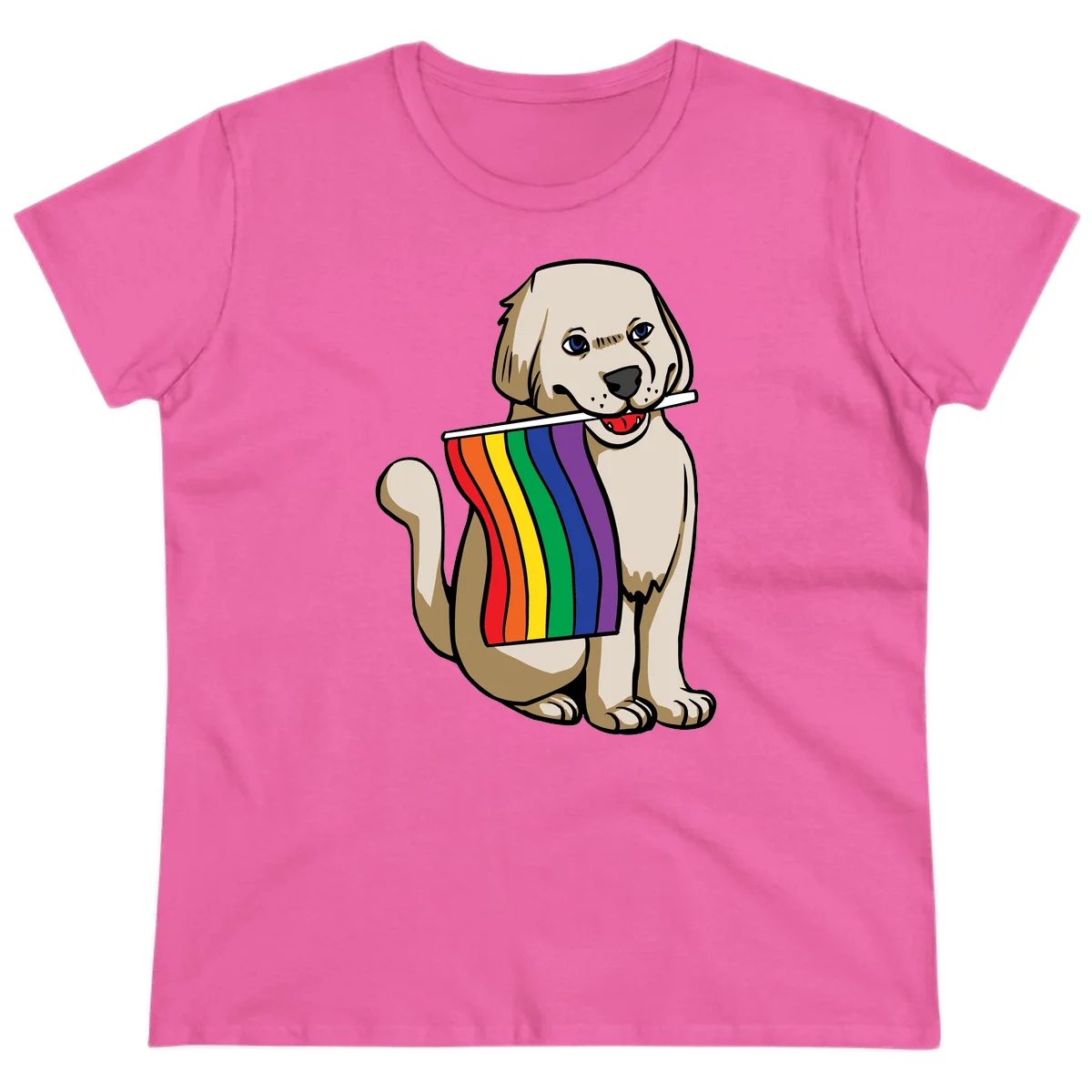 Illustration of a happy cream and tan dog holding a colorful rainbow pride flag in its mouth against a gray background in Azalea