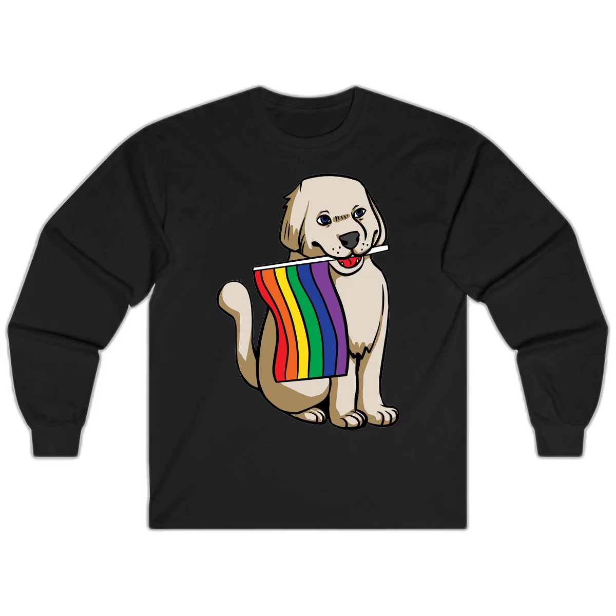 Illustration of a happy cream and tan dog holding a colorful rainbow pride flag in its mouth against a gray background in Black
